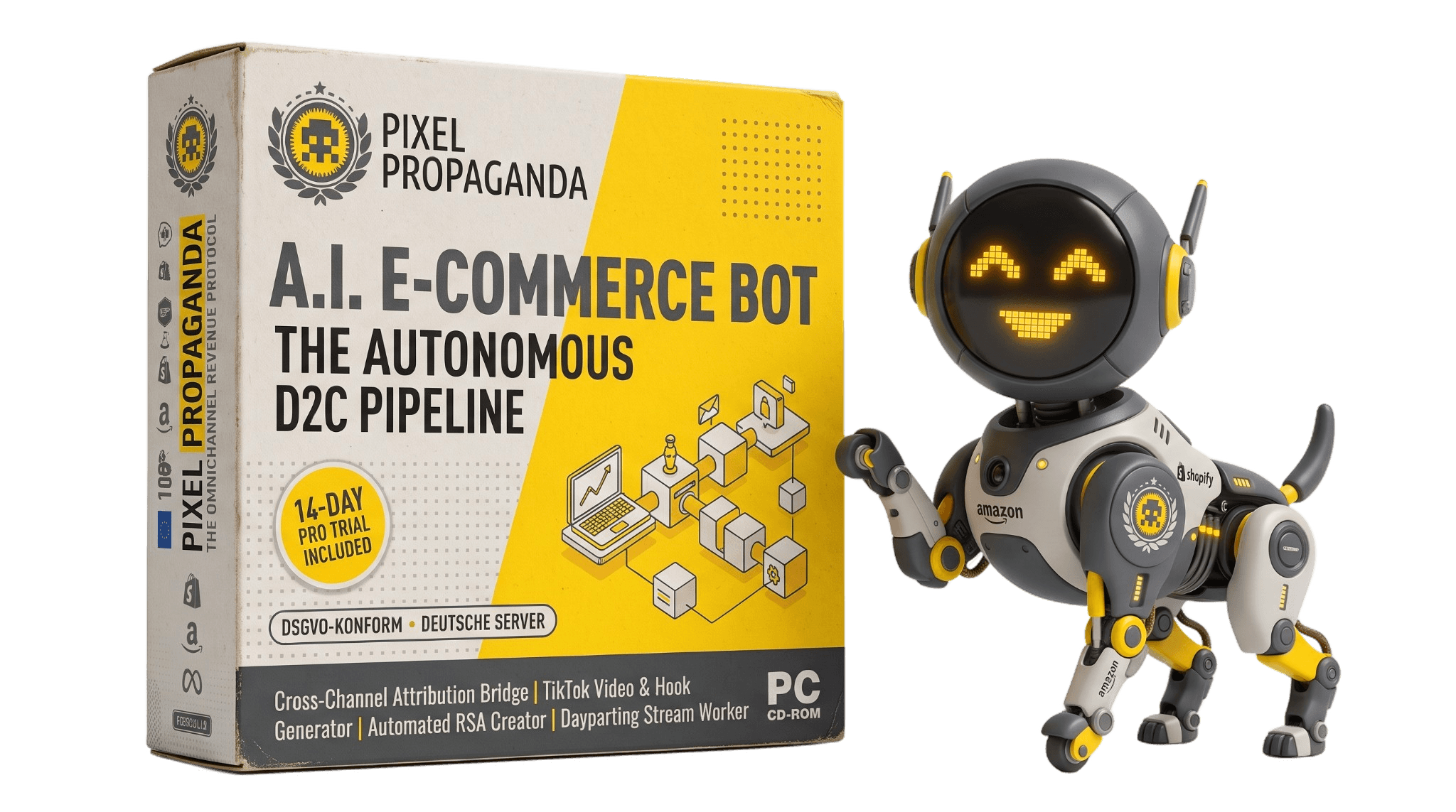 Pixel Propaganda AI e-commerce bot box with robot dog mascot, Shopify, Amazon and TikTok live integration