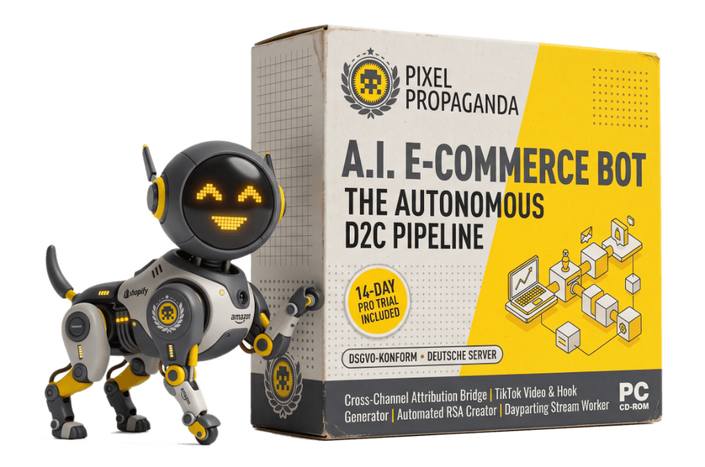 Pixel Propaganda AI e-commerce bot box with robot dog mascot, Shopify, Amazon and TikTok live integration