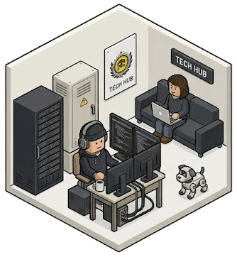 Tech hub room with server rack and developer